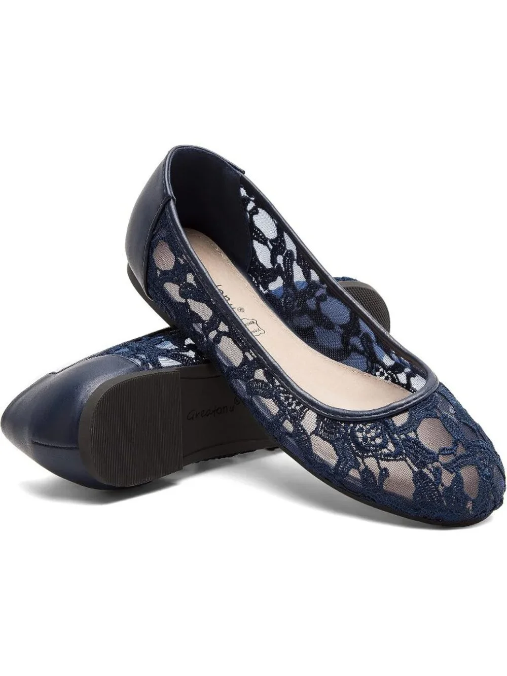 Women's Navy Blue Lace Ballerina Flats Round Toe Slip on Floral Casual Shoes